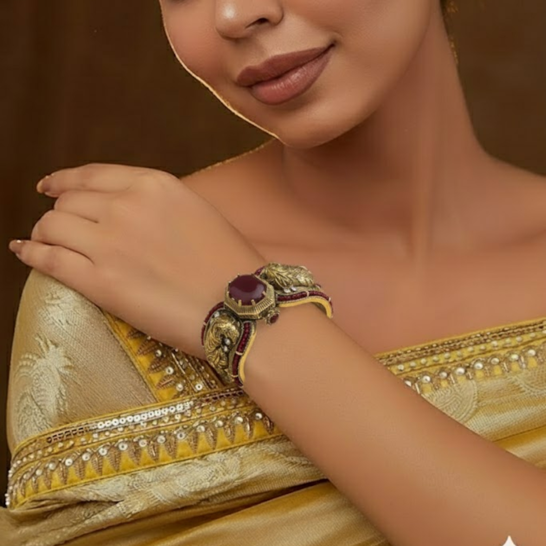 Antique Gold-Plated Green Stone Statement Cuff Bracelet for Women