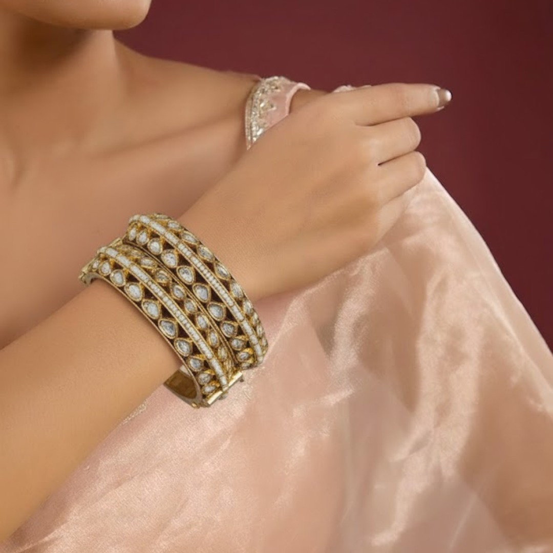 Elegant Kundan pearl-studded gold finish bangles for women – traditional bridal jewelry set
