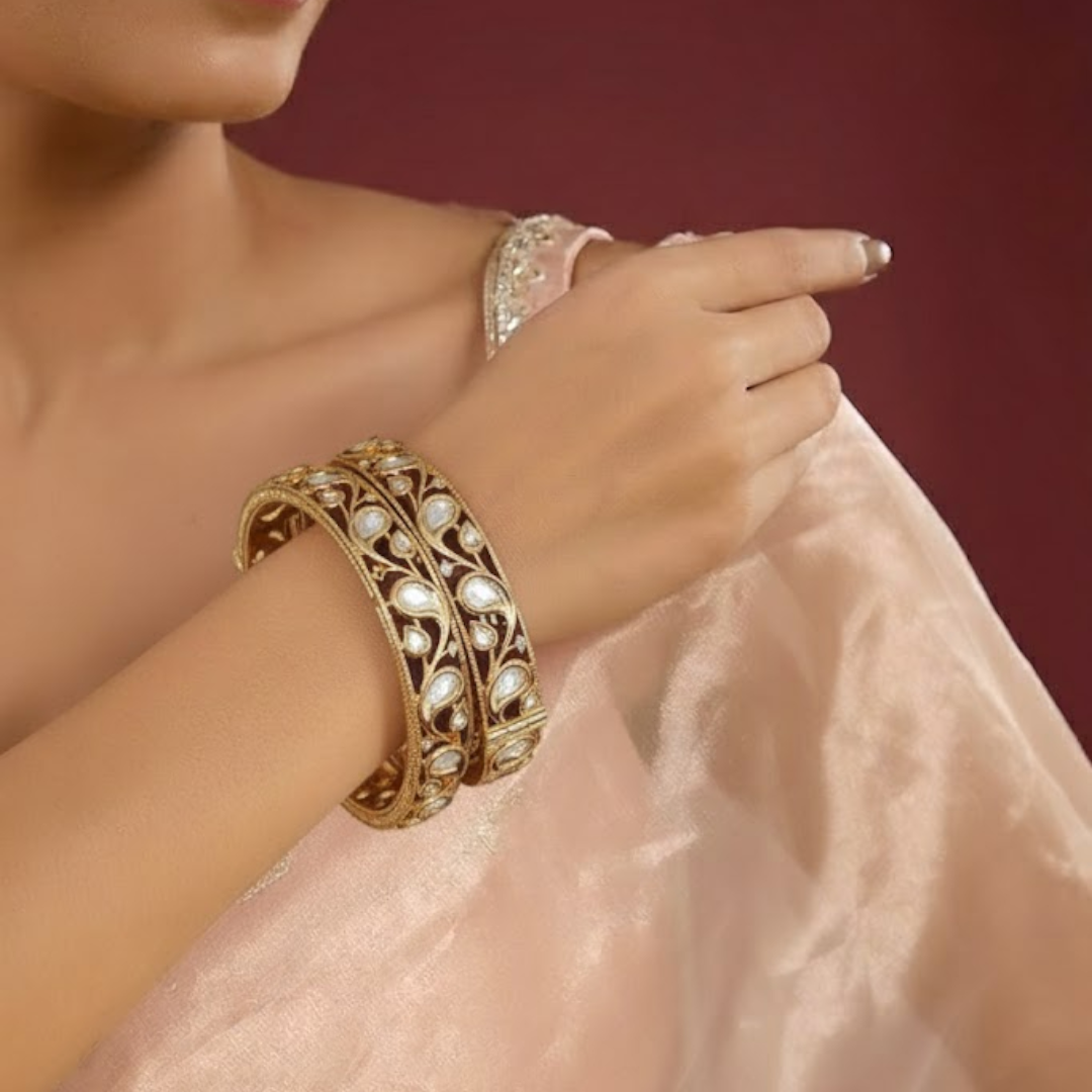 Gold-plated traditional Kundan bangles with white stones for women