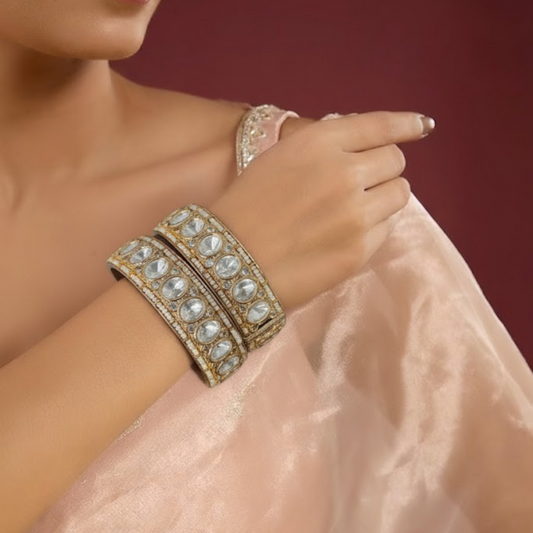 Gold plated Kundan and pearl studded handcrafted bridal bangles for women