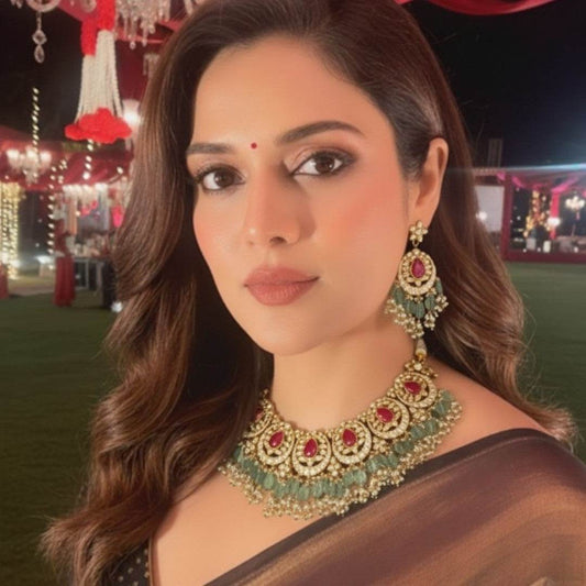 Designer Kundan & Ruby Stone Choker Necklace Set with Green Beads & Earrings - Auraa Trends