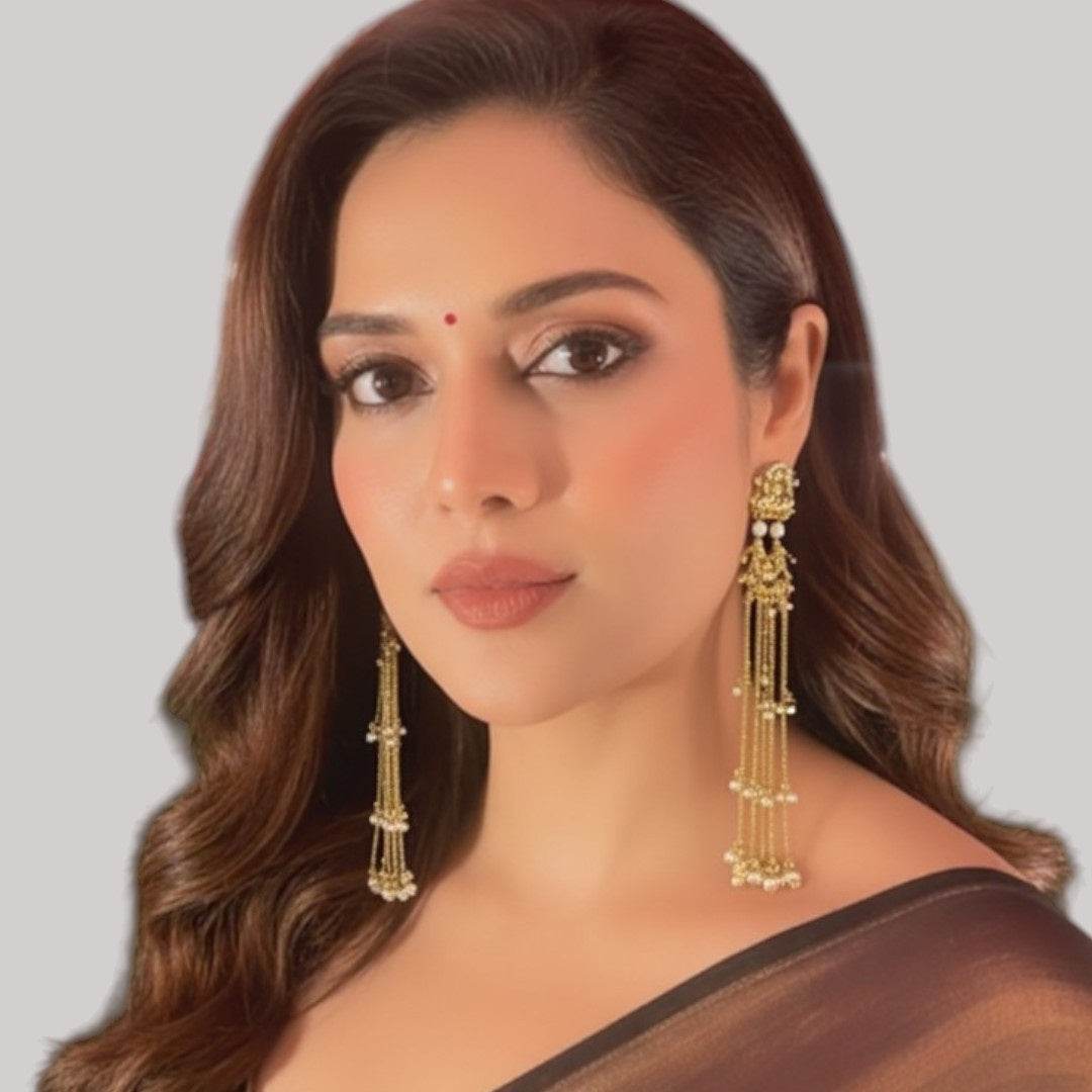 Traditional Long Golden Dangler Earrings with Multi-Strand Pearl Chains - Auraa Trends