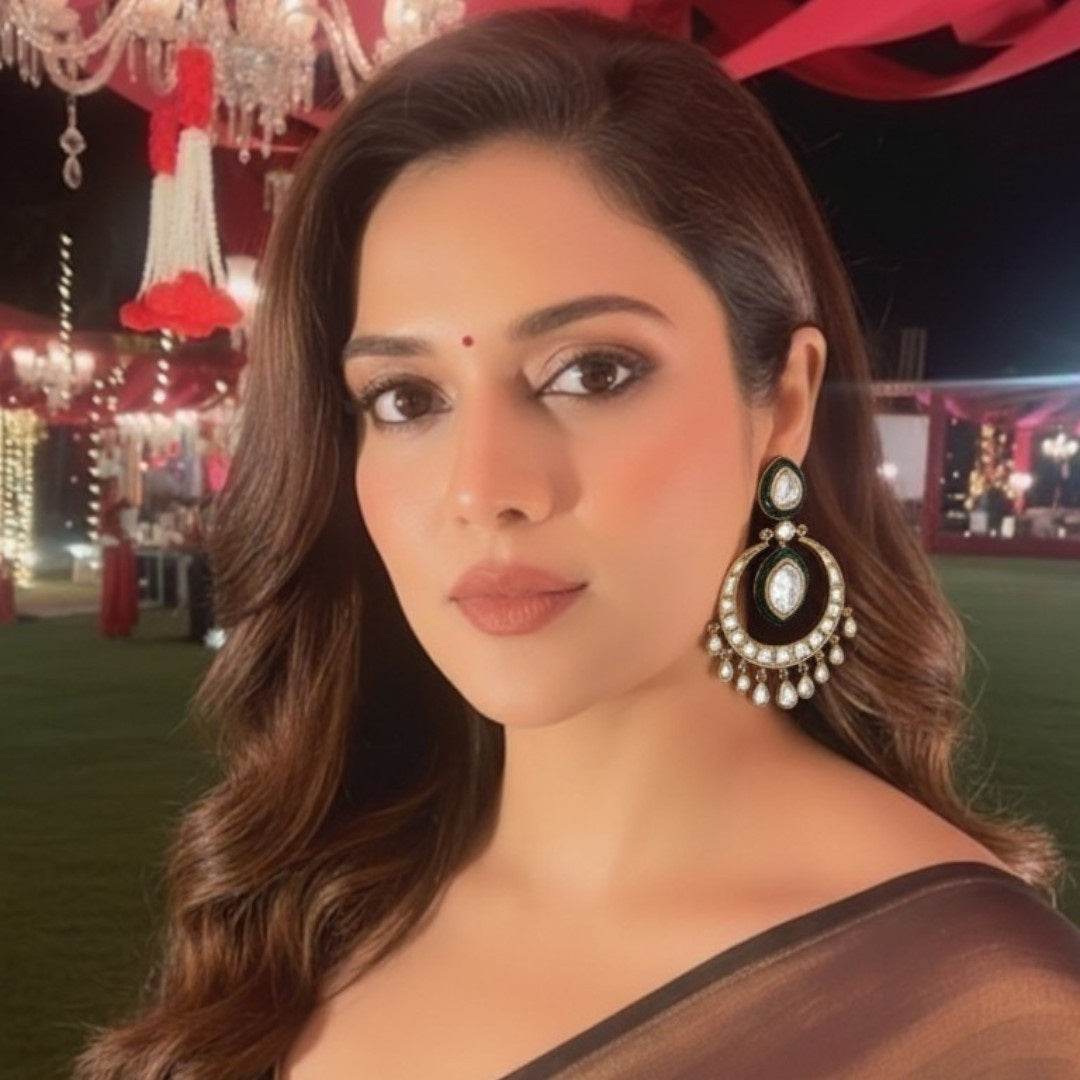 Kundan Mehandi Polish Circular Earrings with Crystal Drops - Auraa Trends