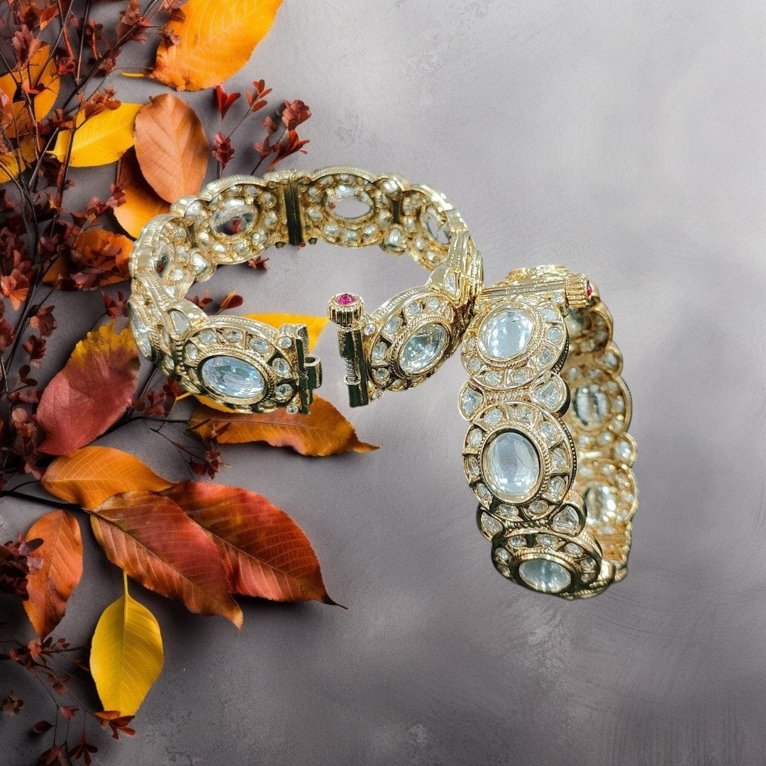 Antique Gold-Plated Kundan Kada Bangles with Red Accents