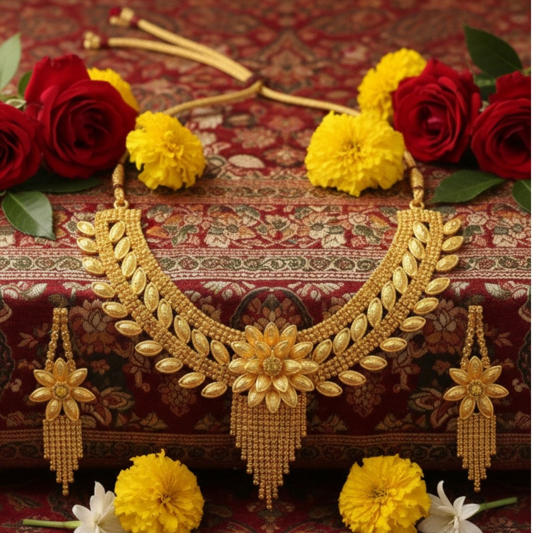 Gold-plated traditional floral necklace set with matching earrings on red display stand – bridal and festive Indian jewelry