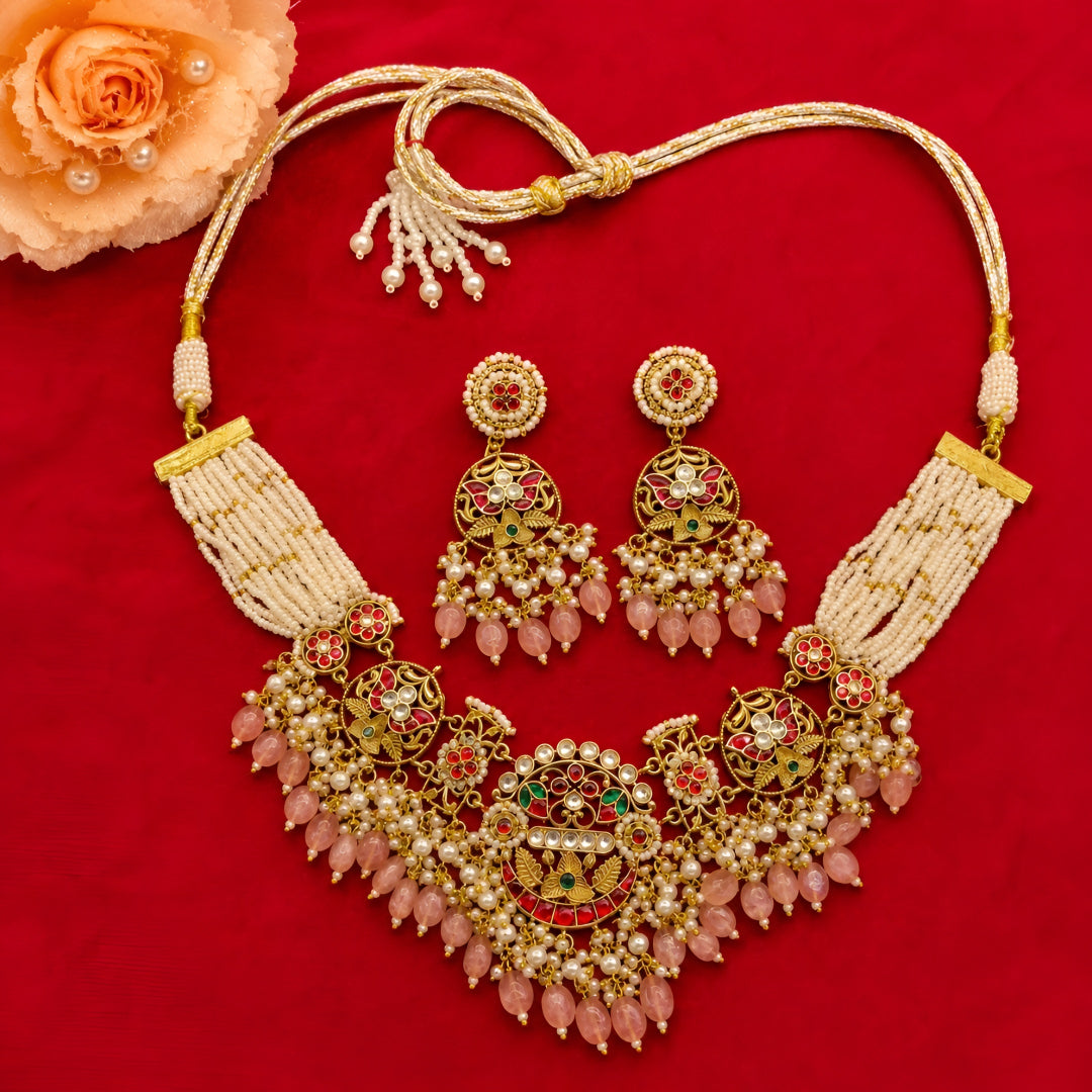Kundan Bridal Necklace Set with Peach Bead Drops