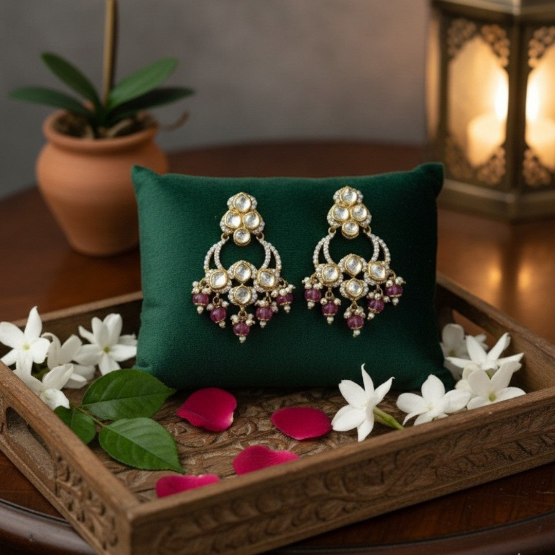 Traditional gold-plated Kundan Chandbali earrings with pink and white beads