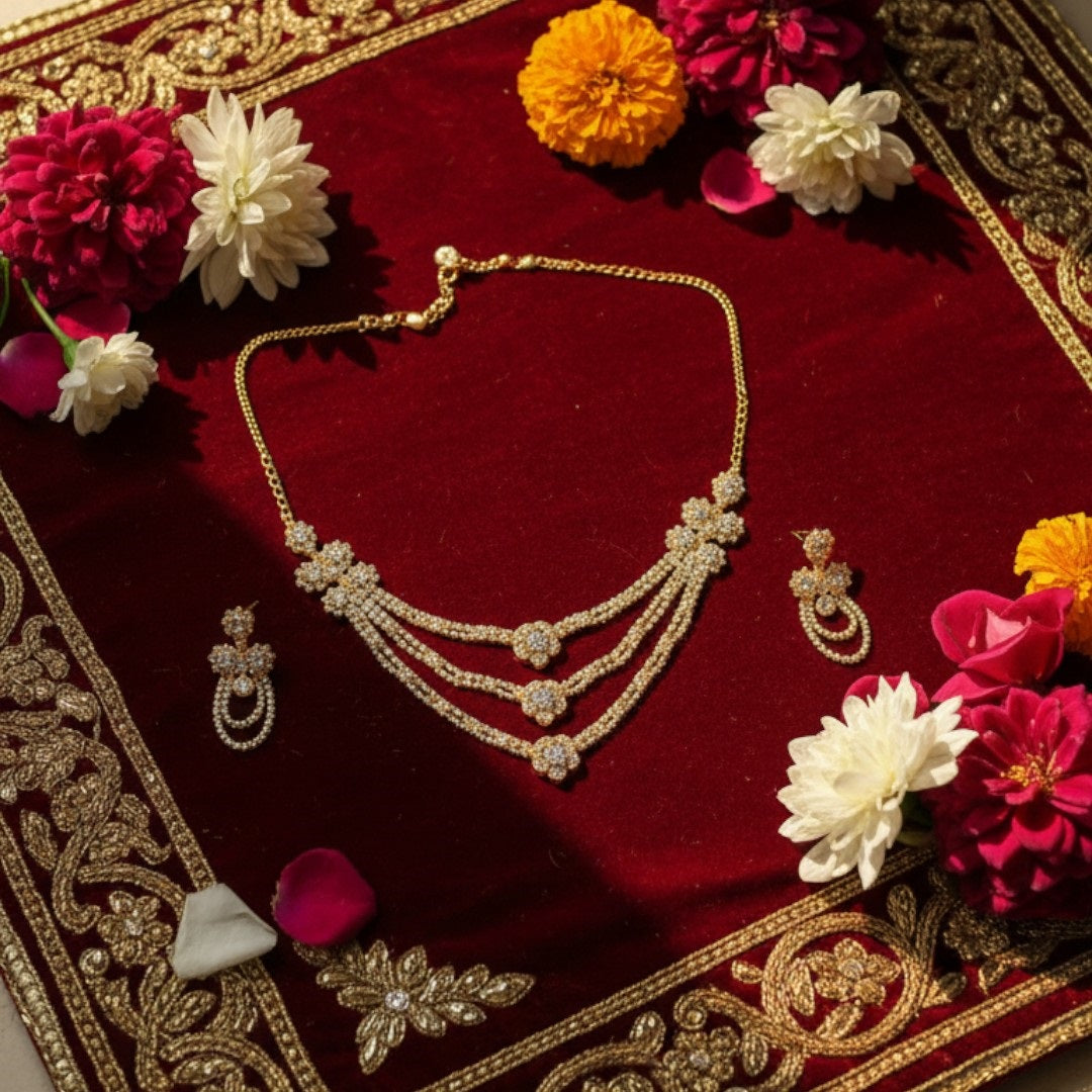 Floral Gold Plated Layered Necklace Set with Earrings for Women