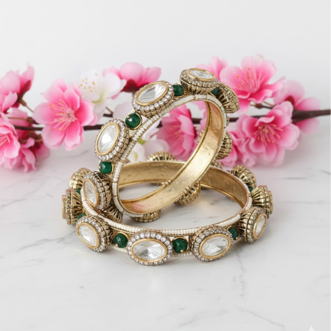 Gold-Plated Kundan & Green Stone Embellished Traditional Bangles for Women