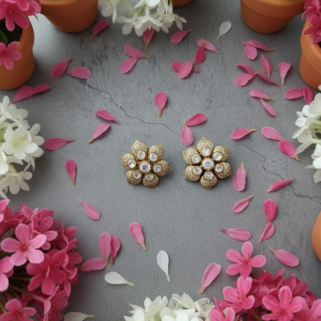 Gold-Plated Floral Stud Earrings with CZ Stones for Women