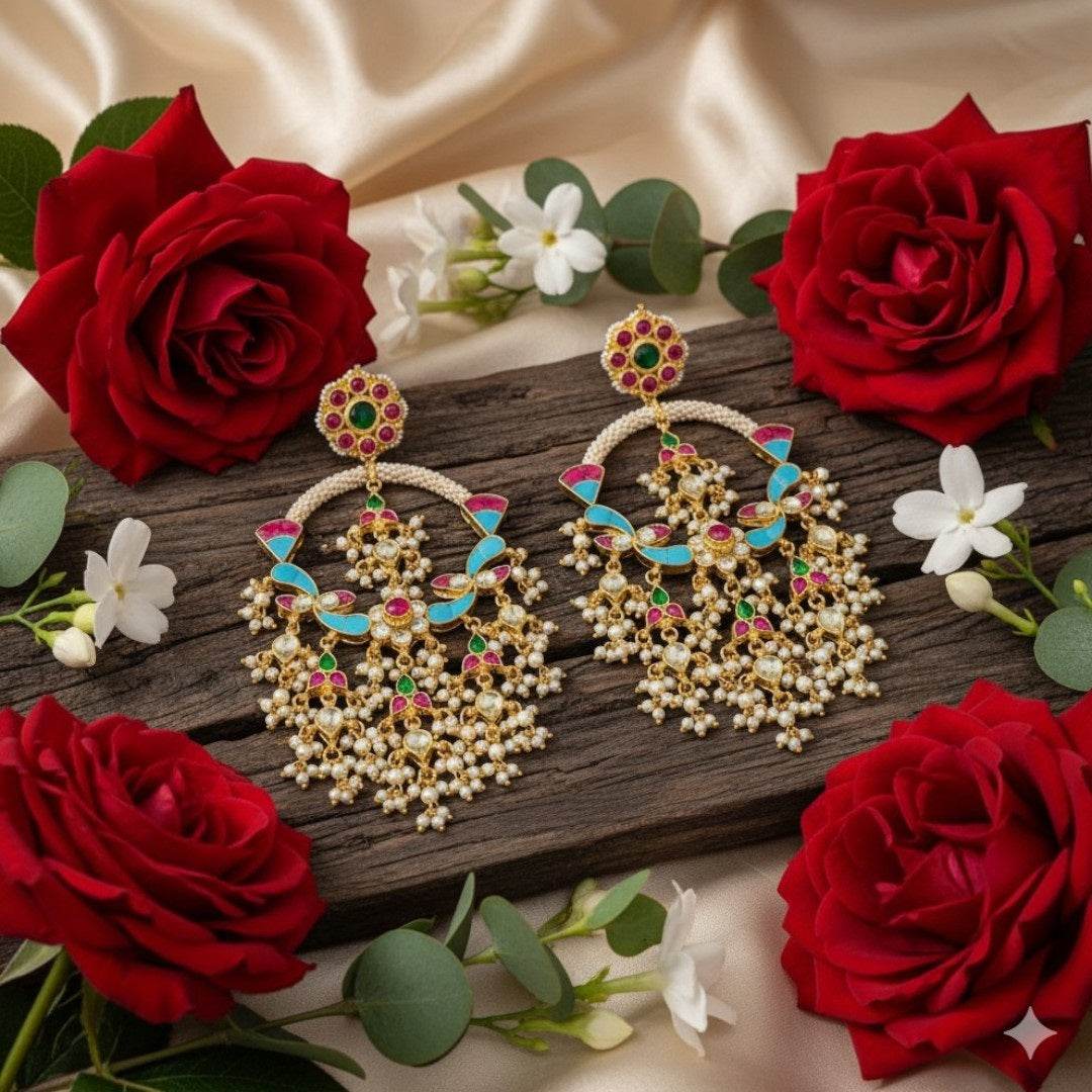 Gold-Plated Multi-Color Meenakari Statement Chandbali Earrings with Pearl Drops - Auraa Trends