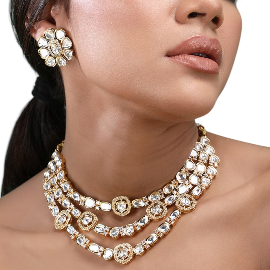 "Bridal Kundan Polki Necklace Set with Earrings – Gold Plated 3 Layer Raani Haar Jewelry"