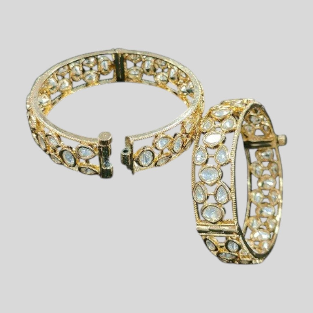 Gold-Plated Kundan Bangles with White Stones