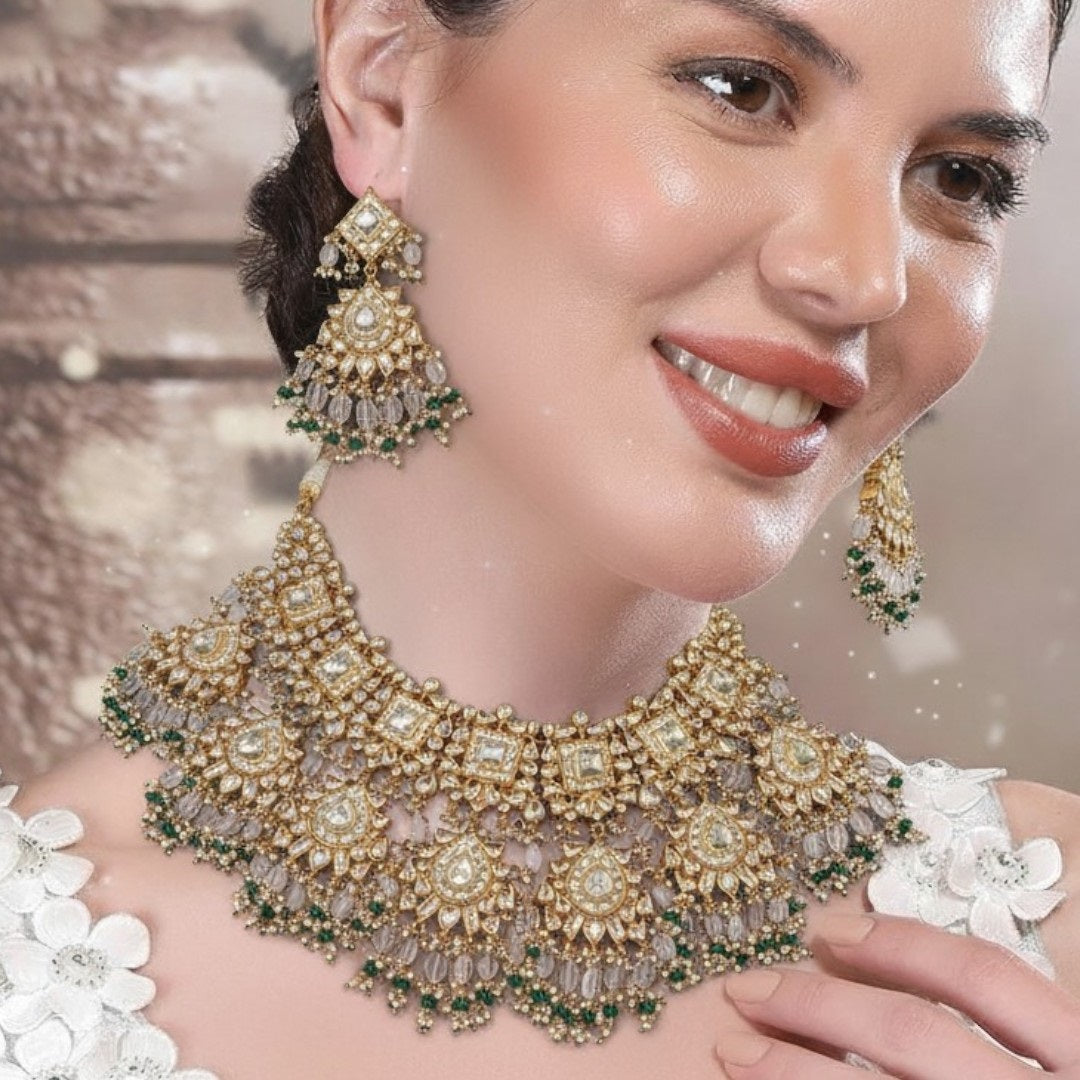 Luxury Kundan Choker Necklace Set with Grey Beads & Statement Earrings