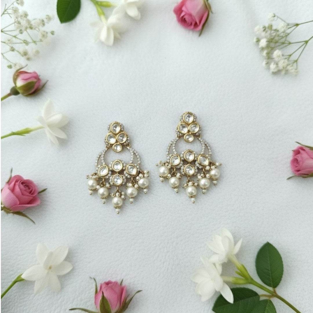 Gold-Plated Kundan & Pearl Chandbali Earrings for Women - Auraa Trends