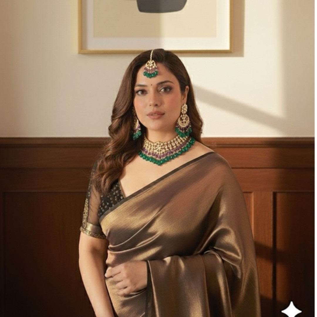 Traditional Kundan Choker Necklace Set with Green & Purple Beads - Auraa Trends