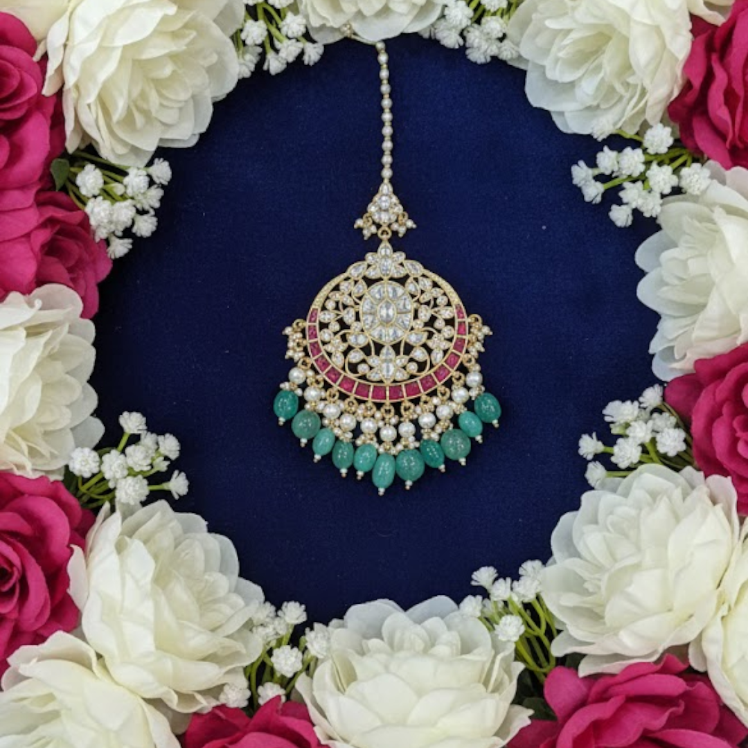 Gold Polki Chandelier Earrings with Red and Green Beads, Traditional Indian Wedding Jewelry
