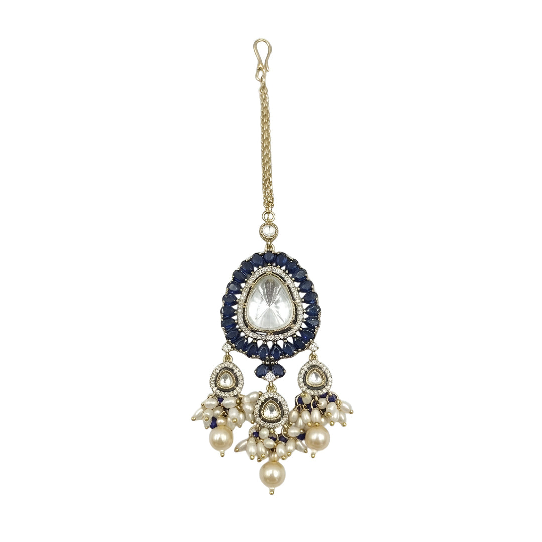 Royal Blue Kundan Pearl Maang Tikka with Gold-Plated Finish for Bridal and Traditional Ethnic Wear