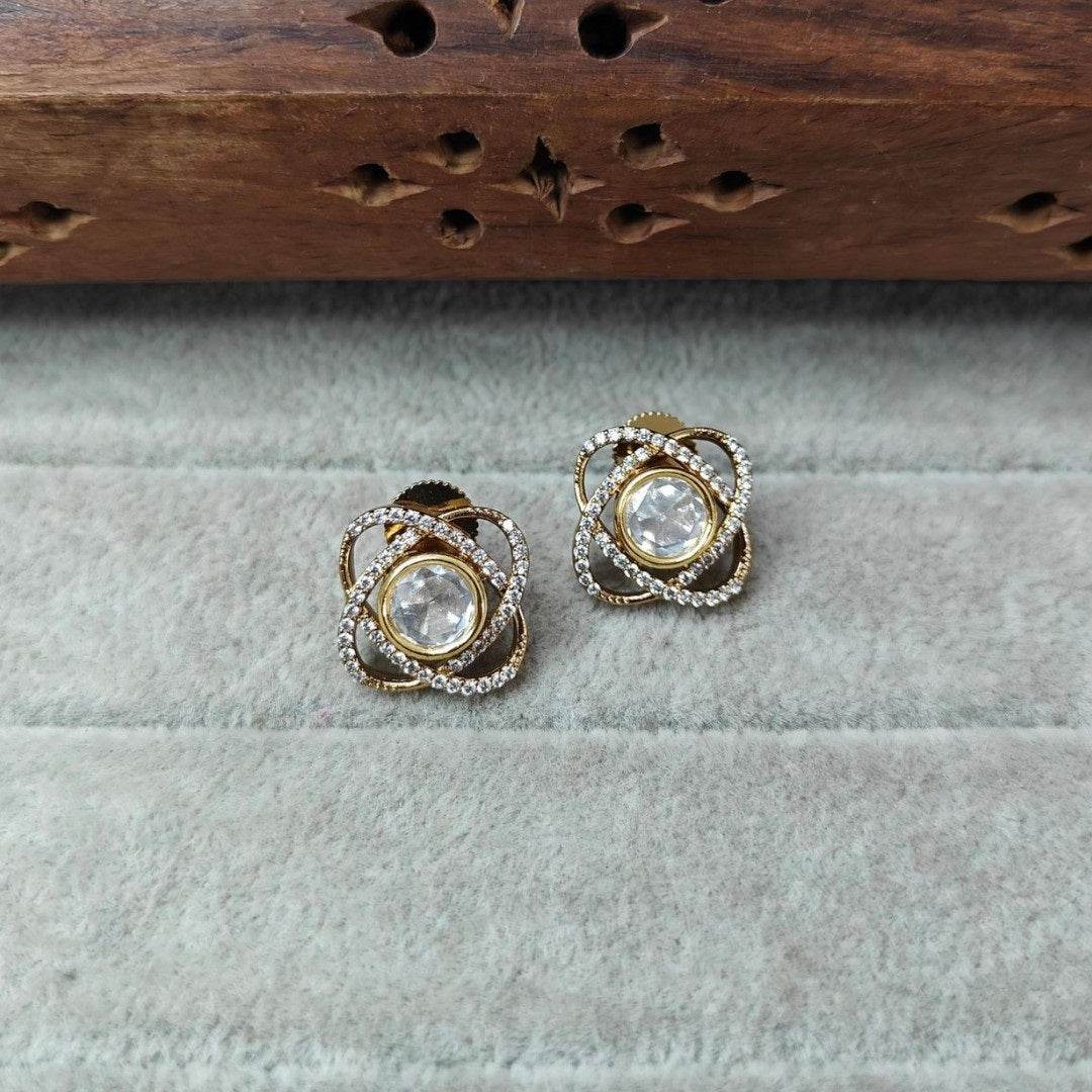 Elegant Gold-Plated Kundan Stud Earrings with Crystal Accents - Auraa Trends