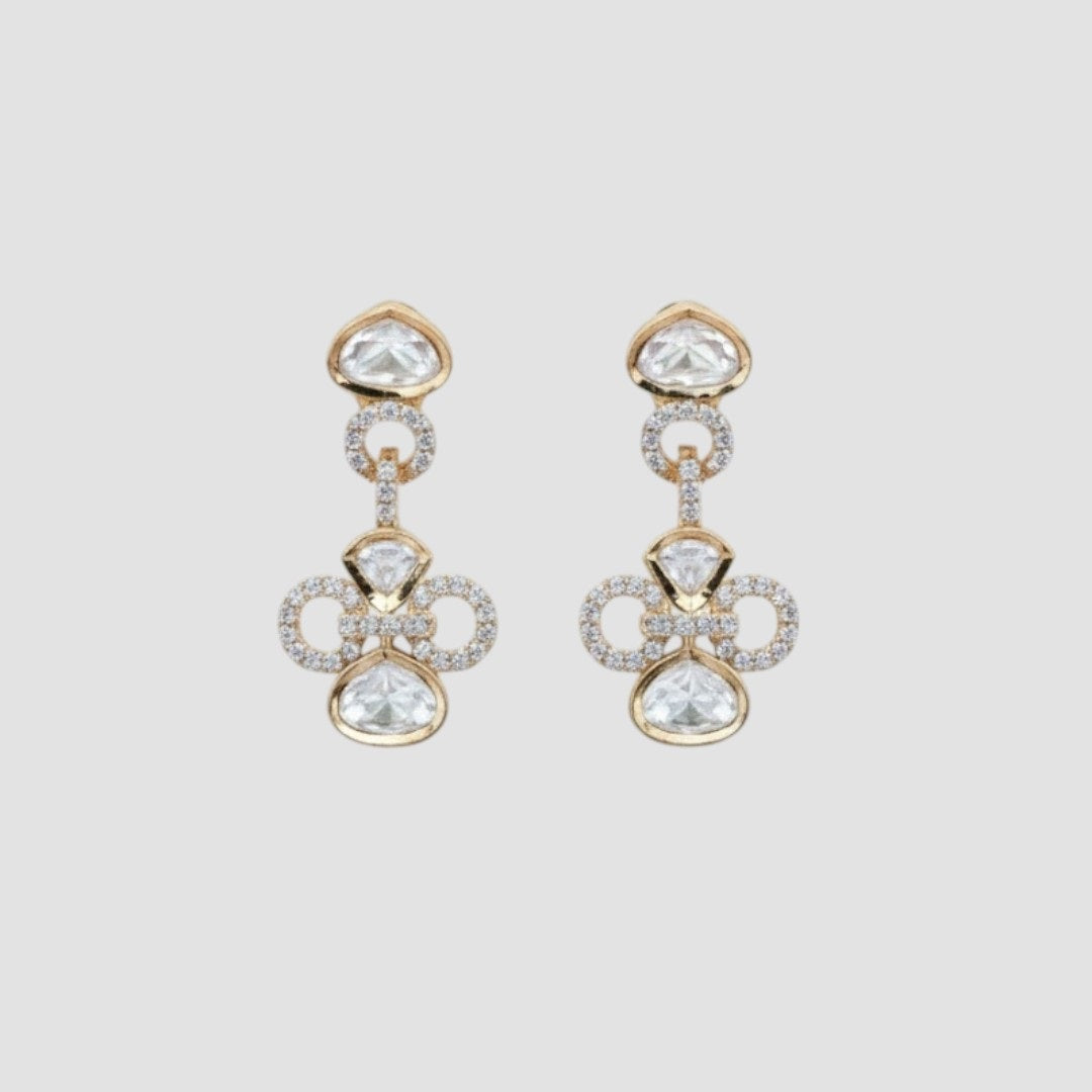 "Gold-plated Kundan necklace set with teardrop stones and matching earrings for women"