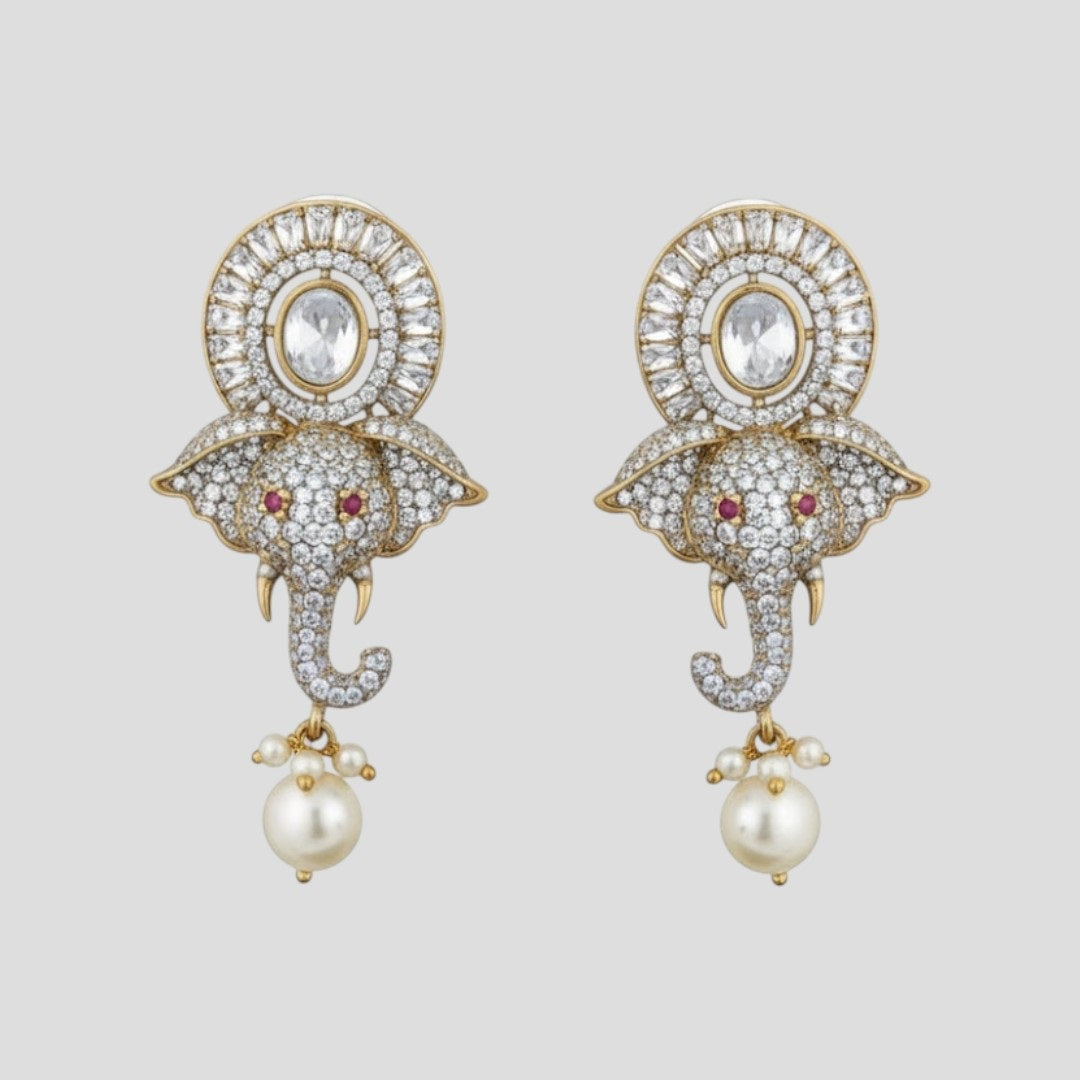 Elephant motif Kundan and CZ stone choker necklace set with matching earrings and pearl drops in green and white accents