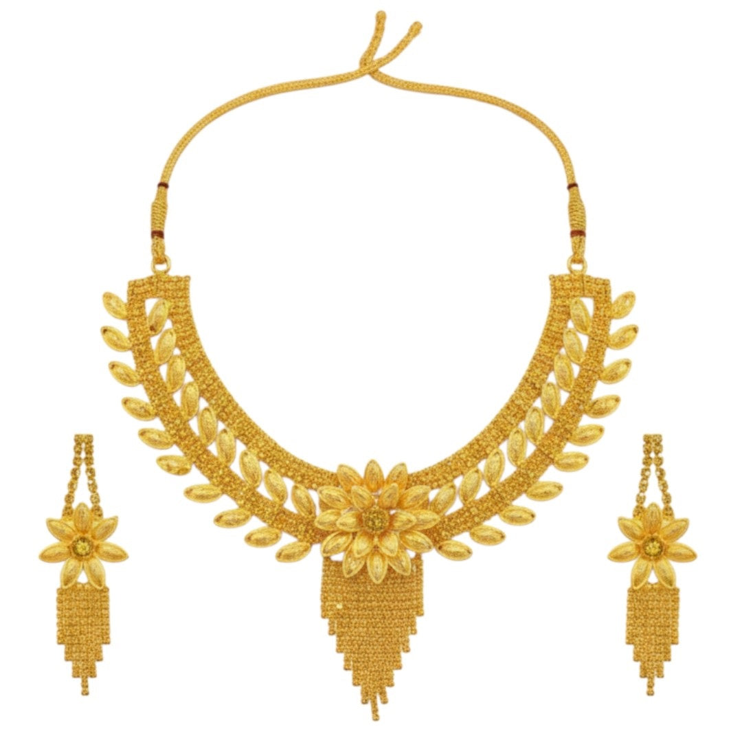 Gold-plated traditional floral necklace set with matching earrings on red display stand – bridal and festive Indian jewelry