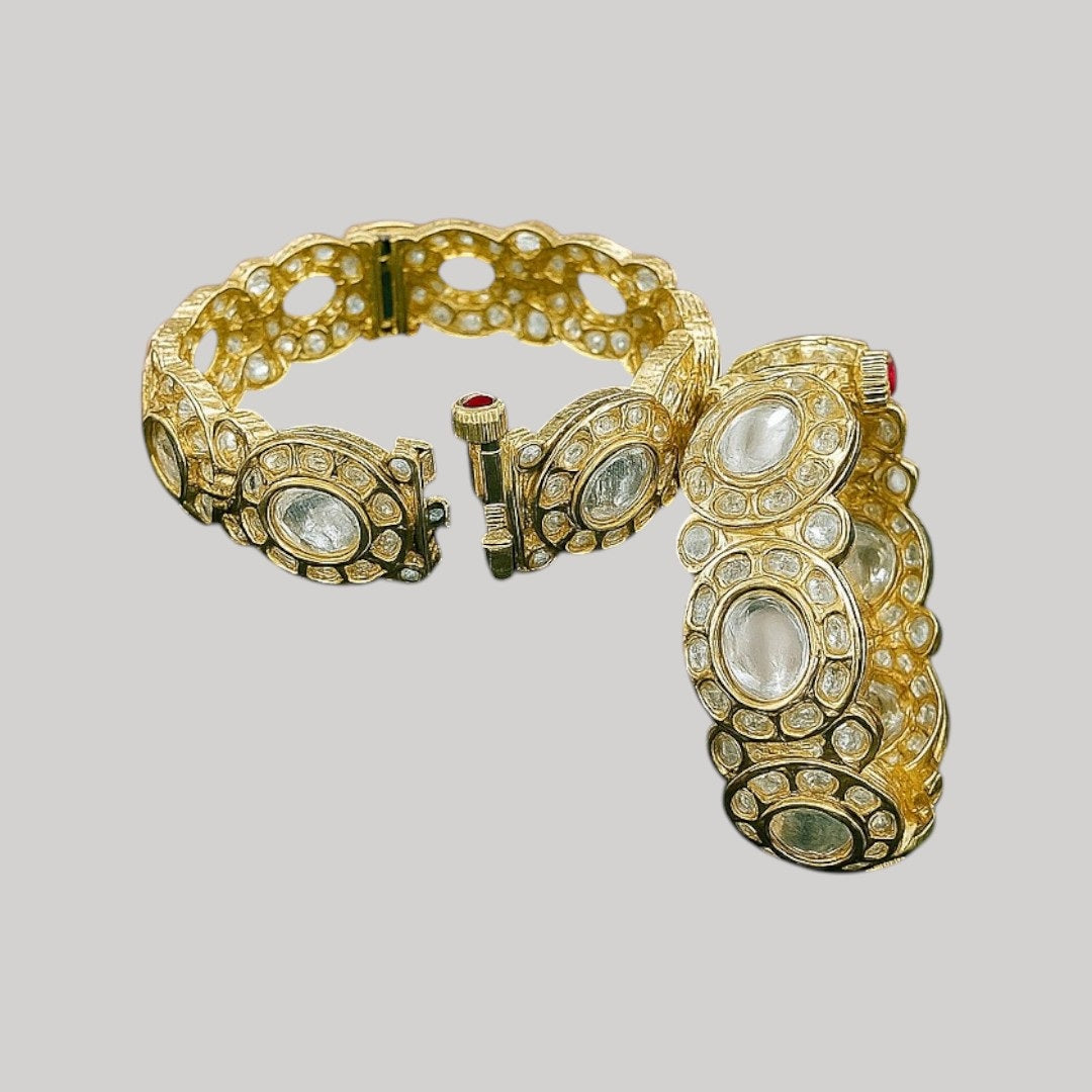 Antique Gold-Plated Kundan Kada Bangles with Red Accents