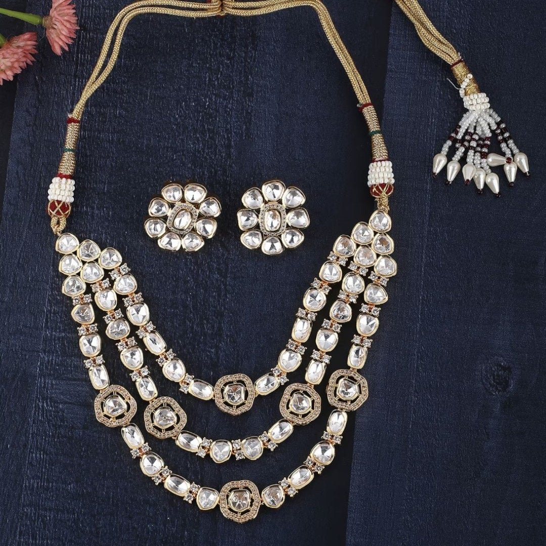 "Bridal Kundan Polki Necklace Set with Earrings – Gold Plated 3 Layer Raani Haar Jewelry"