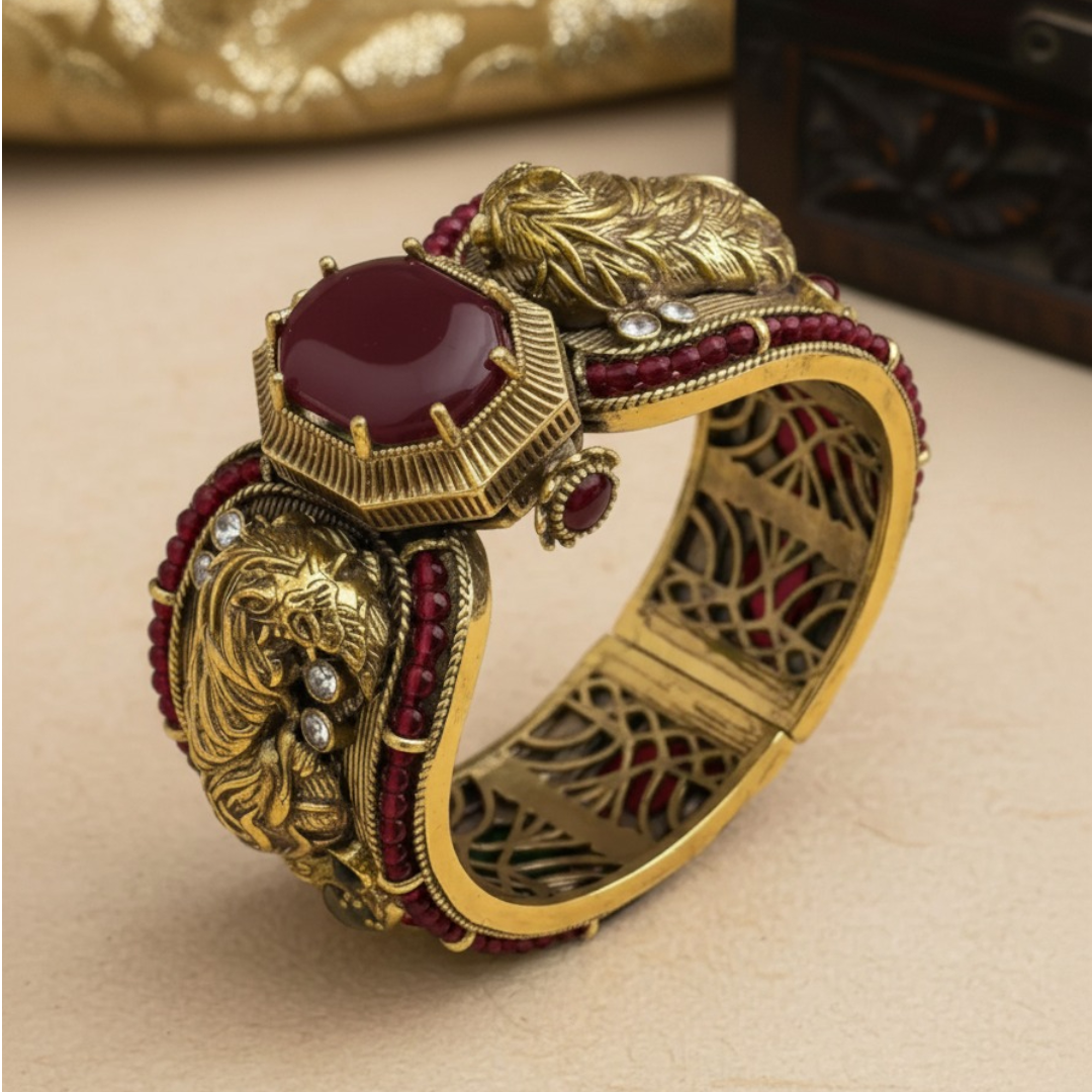 Antique Gold-Plated Green Stone Statement Cuff Bracelet for Women