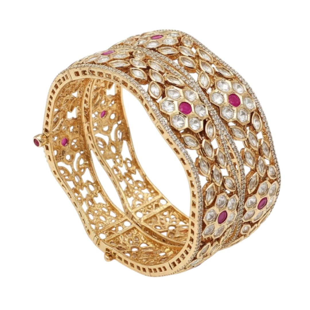 Gold-plated Kundan bangles with ruby pink stones and floral design for women