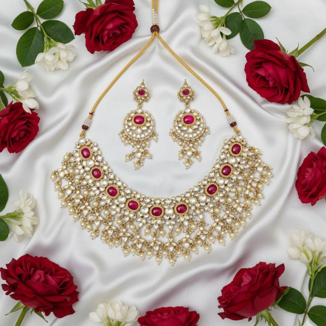 Gold-Plated Kundan Choker Necklace Set with Ruby Red Stones, Pearls & Maang Tikka