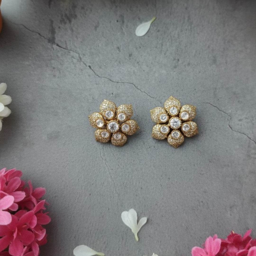 Gold-Plated Floral Stud Earrings with CZ Stones for Women - Auraa Trends
