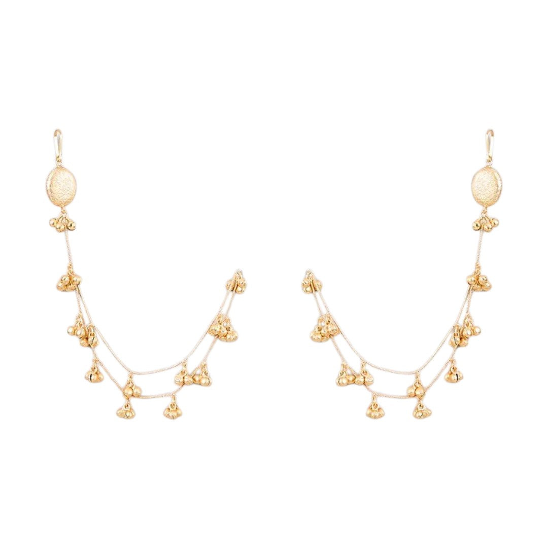 Traditional gold plated dual-layer Kaan Chain with ghungroo charms for women, lightweight bridal ear support chain for weddings, festive occasions, and ethnic wear.