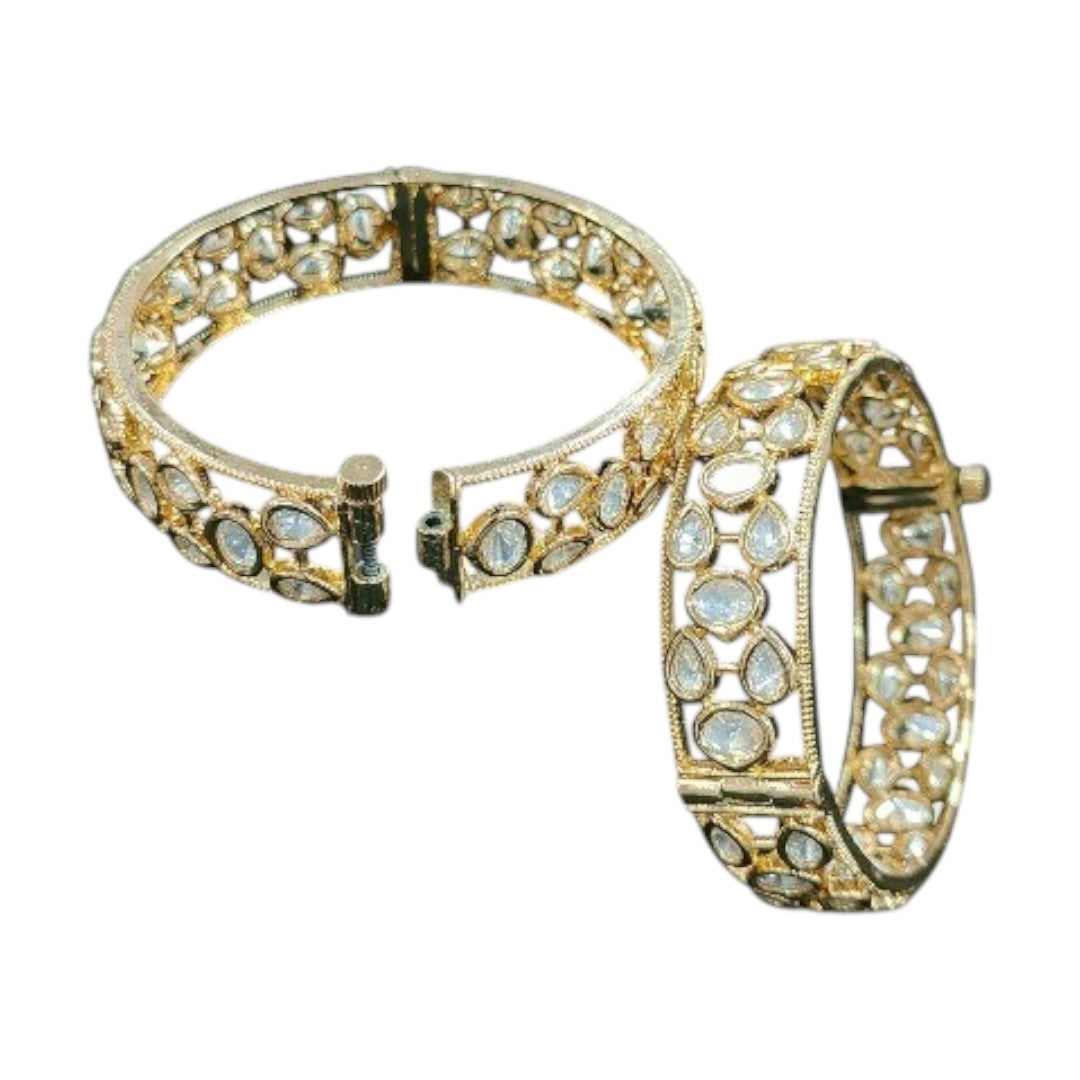 Gold-Plated Kundan Bangles with White Stones