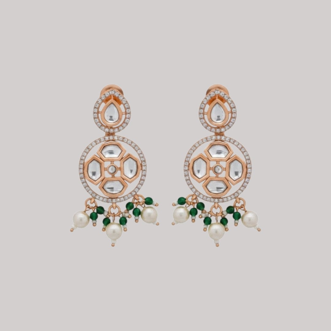Traditional Kundan-Style Necklace & Earrings Set with Pearl and Green Bead Drops – Rose Gold Finish