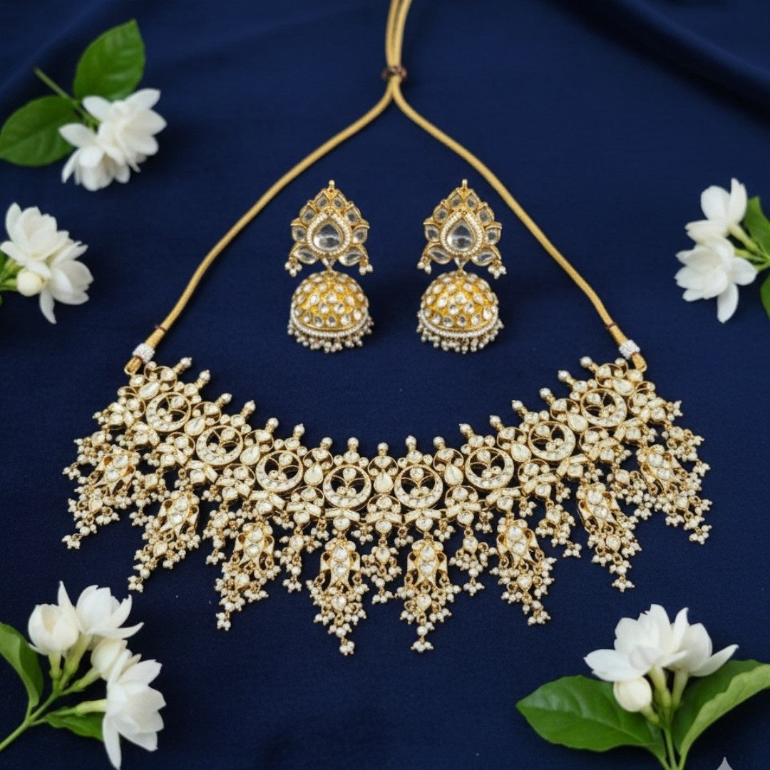 Gold-Plated Kundan Bridal Choker Necklace Set with Pearl Jhumka Earrings