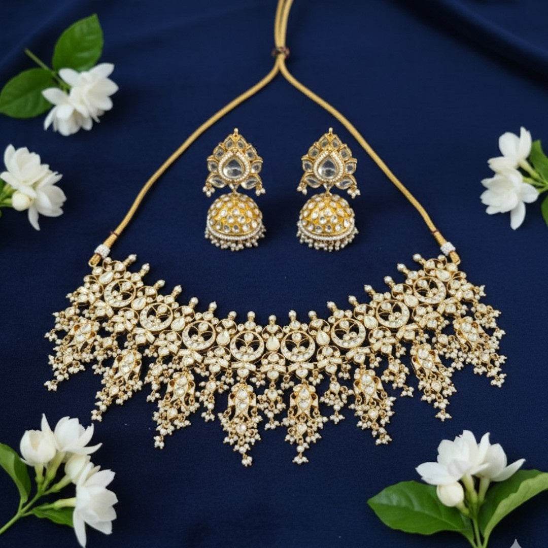 Gold-Plated Kundan Bridal Choker Necklace Set with Pearl Jhumka Earrings - Auraa Trends
