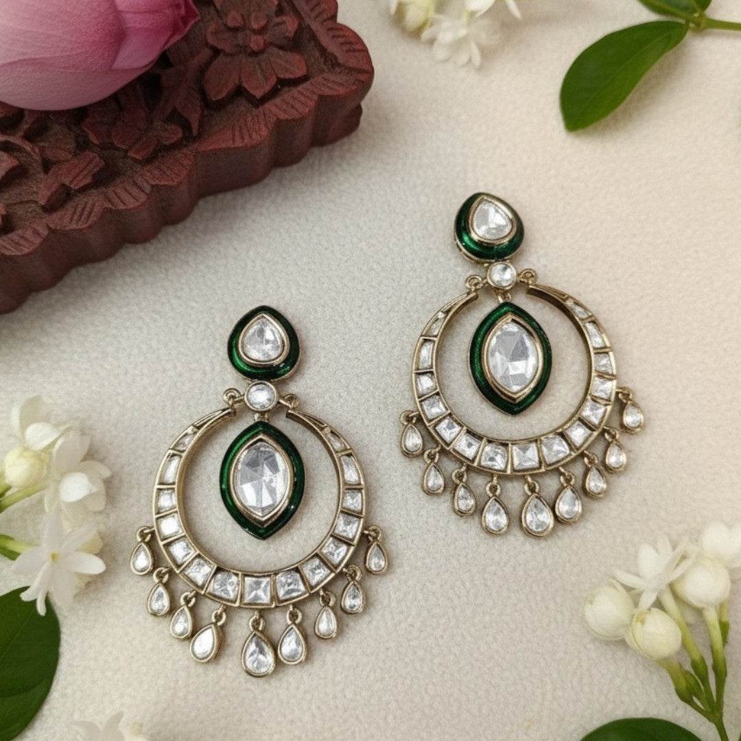 Kundan Mehandi Polish Circular Earrings with Crystal Drops - Auraa Trends