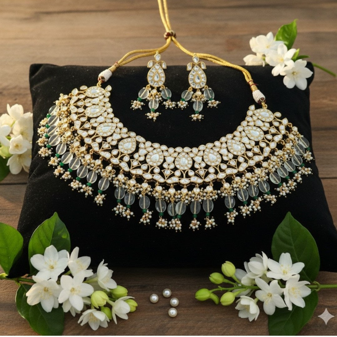 "Kundan Gold-Plated Bridal Choker Necklace Set with Green Beads and Earrings