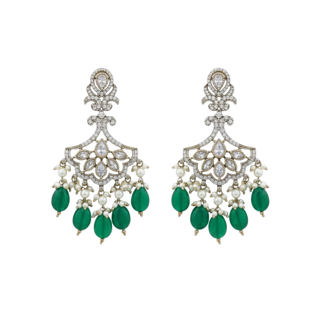 Pearl & Green Beads Kundan Bridal Necklace Set with Earrings