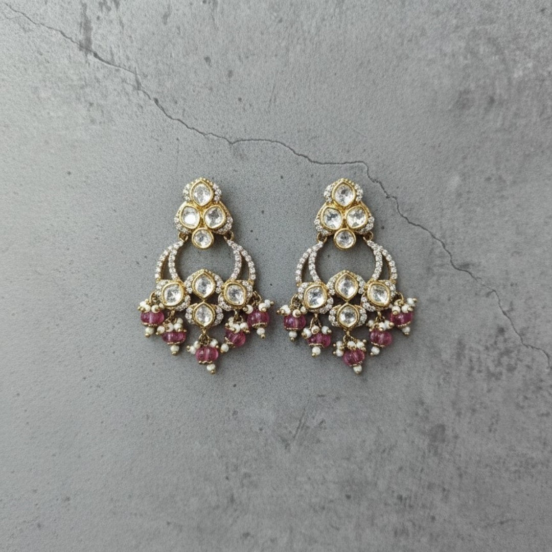 Traditional gold-plated Kundan Chandbali earrings with pink and white beads
