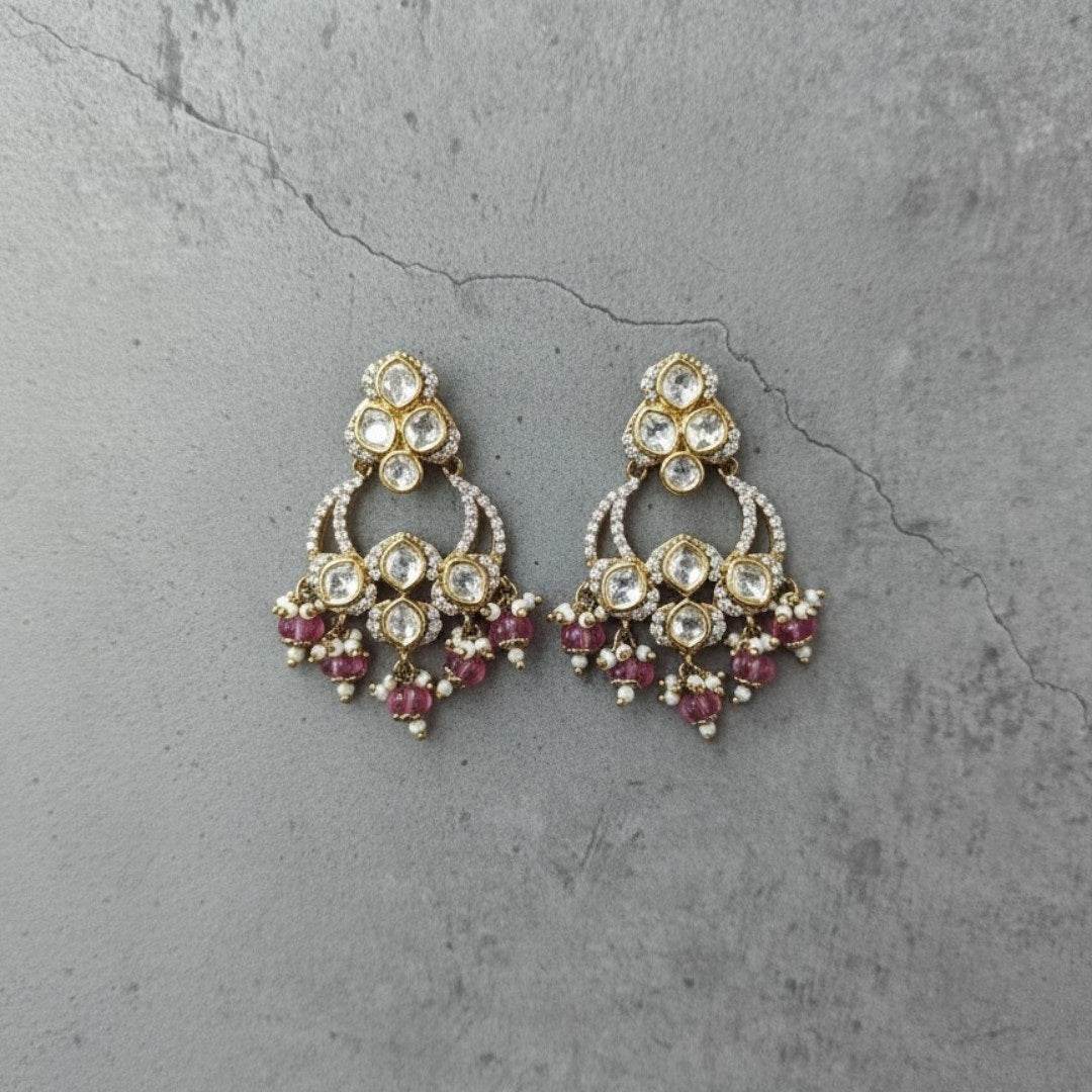 Gold-Plated Kundan Chandbali Earrings with Pink Beads & Pearls for Women - Auraa Trends