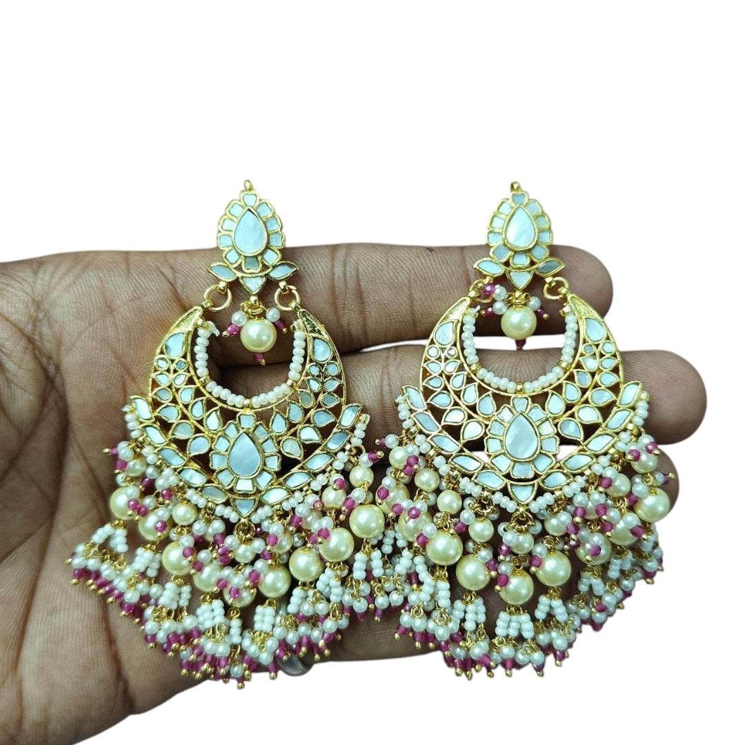 Heavy Gold-Plated Kundan Chandbali Earrings with Pearl & Pink Bead Work - Auraa Trends