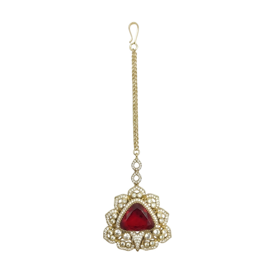 Luxury Ruby Red Kundan Maang Tikka for Women with Gold-Plated Traditional Bridal Design
