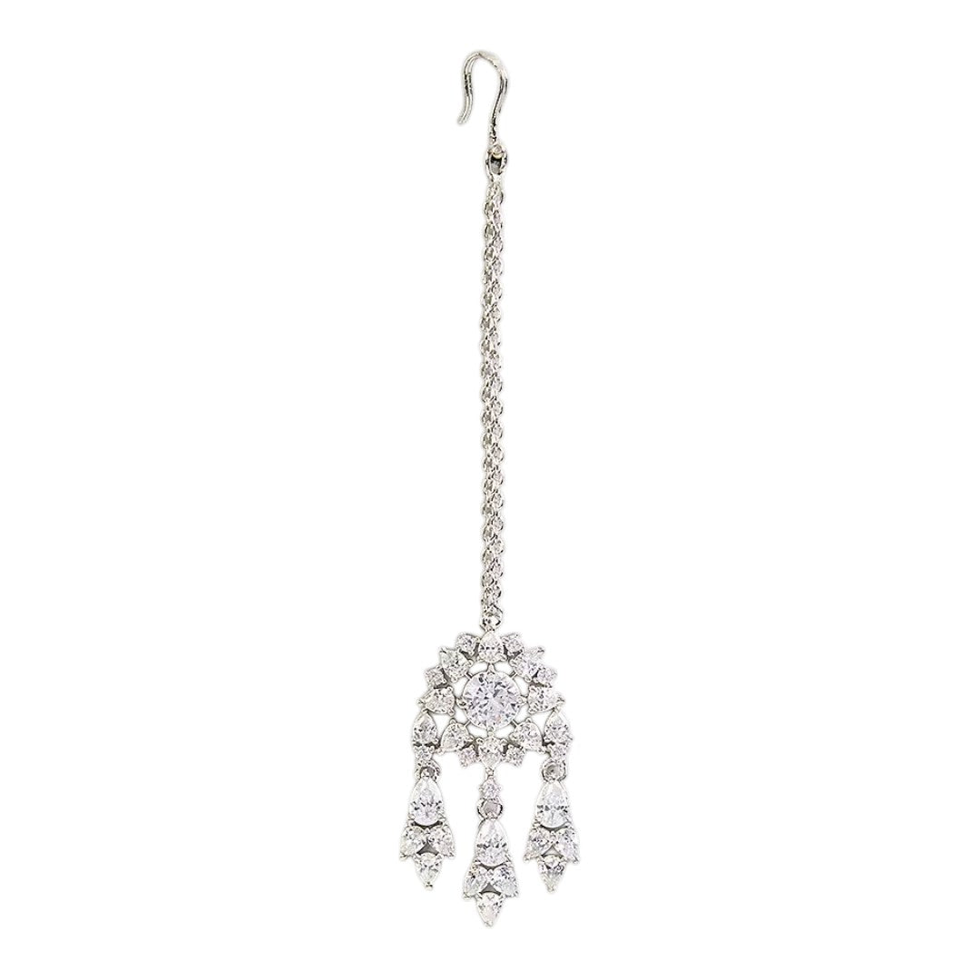 Silver-plated American Diamond floral maang tikka with dangling CZ stones for bridal, wedding, festive, and party wear.