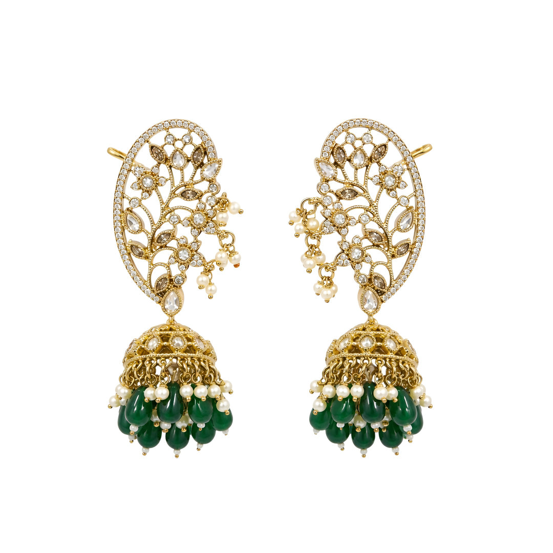 Luxury gold-plated Kundan Polki ear cuff jhumka earrings with green bead drops and pearl detailing for bridal and festive wear.