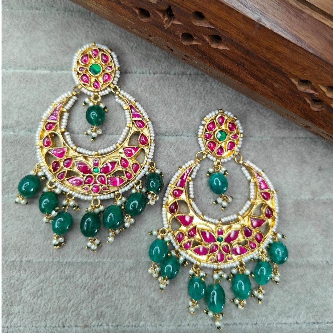 Gold-Plated Meenakari Chandbali Earrings with Green Beads and Pink Enamel Work - Auraa Trends