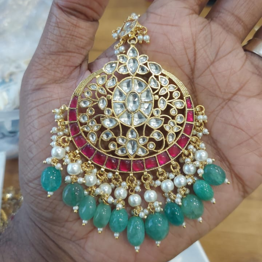 Gold Polki Chandelier Earrings with Red and Green Beads, Traditional Indian Wedding Jewelry