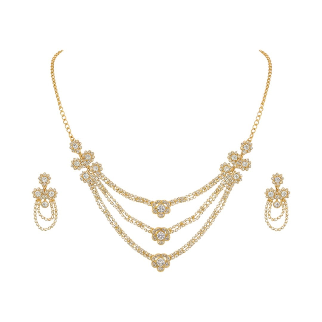 Floral Gold Plated Layered Necklace Set with Earrings for Women