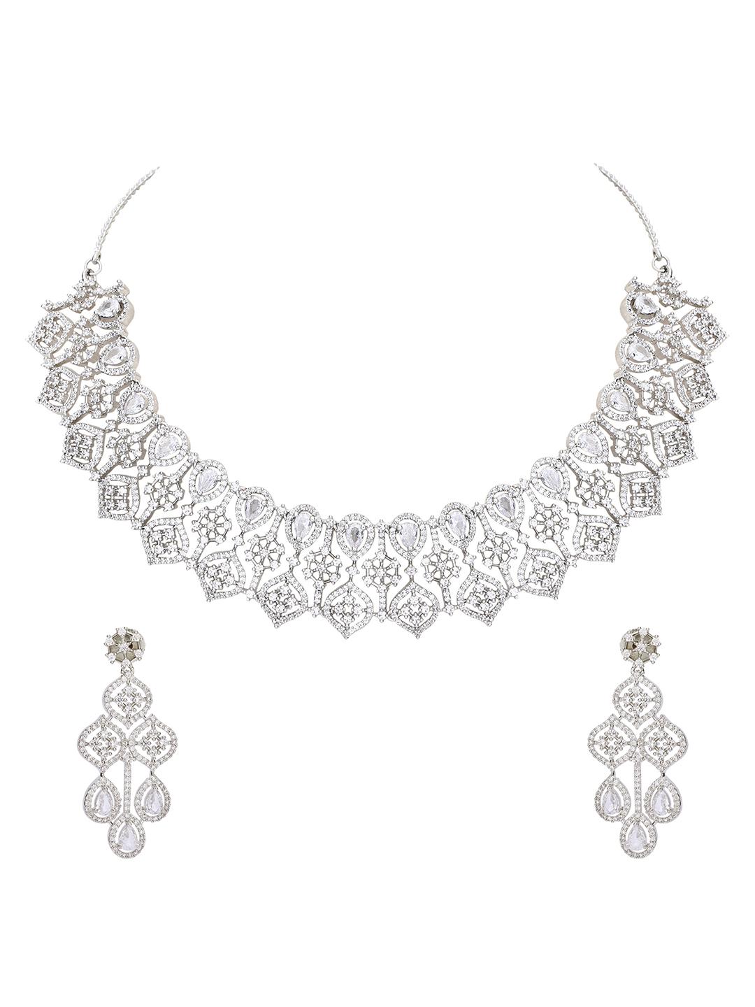 Dazzling Rhodium Plated American Diamond Necklace Set with earrings